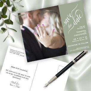 Cartão Postal De Anúncio Sage Wedding Save the Date Photo & Calliographic
