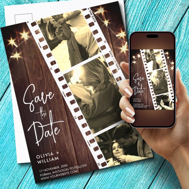 Cartão Postal De Anúncio Sagrada Data de Casamento Cabine de Fotos Rústica  (Brown Rustic Photo Booth Save the Date Wedding Announcement Postcard, Photo Strip Save the Date)