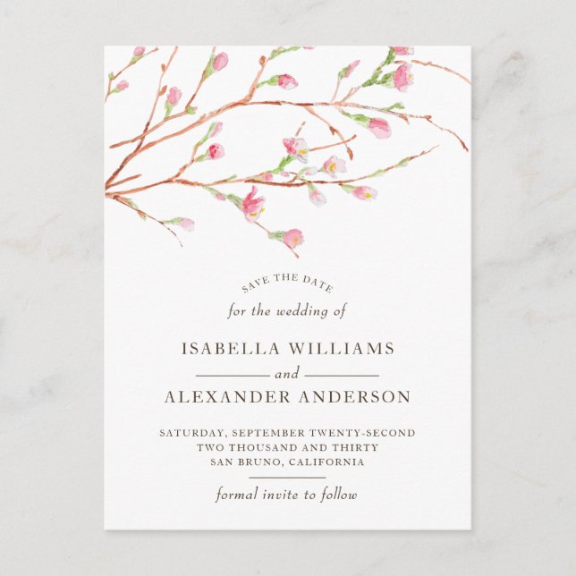 Cartão Postal De Anúncio Sakura em Aquarela | Save The Date das Cerejeiras  (Frente)