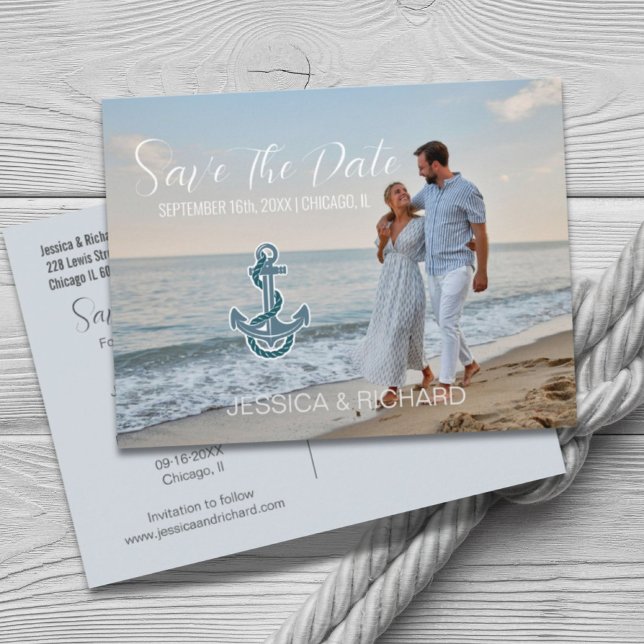 Cartão Postal De Anúncio Salvando a Data do Casamento Náutico na Praia Mode (Modern Beach Nautical Wedding Photo Save The Date Announcement Postcard)