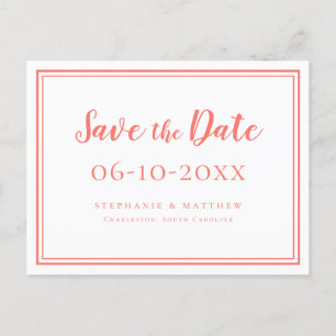 Cartão Postal De Anúncio Salvar a Data Casamento Coral Branco Simples Moder