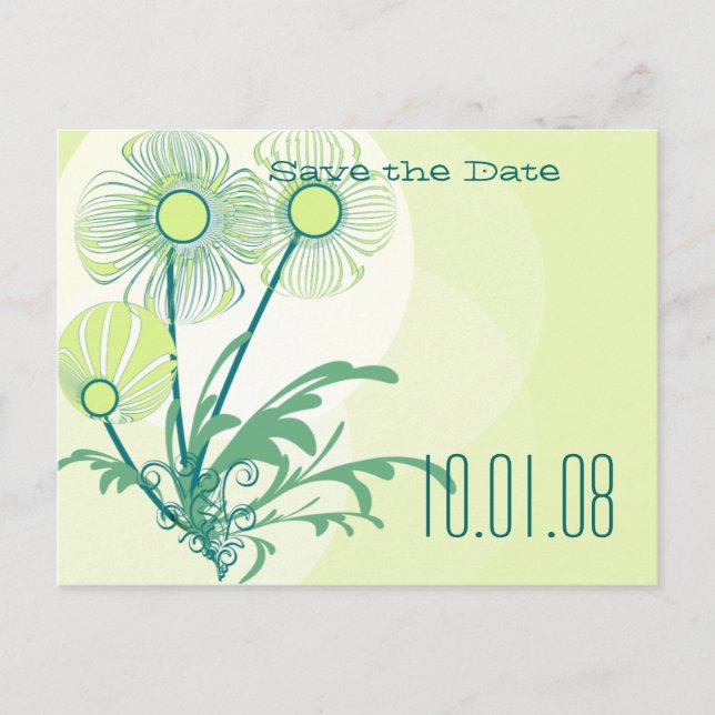Cartão Postal De Anúncio Salvar a Data Casamento Floral Verde Lima Dourado (Frente)