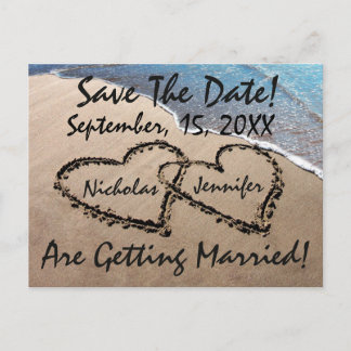 Cartão Postal De Anúncio Salvar a Data Corações Areia Praia Casamento Cartã