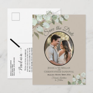 Cartão Postal De Anúncio Salvar a Data de Casamento com Eucalipto e Foto em