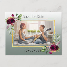 Cartão Postal De Anúncio Salvar a data de casamento com foto floral em verd
