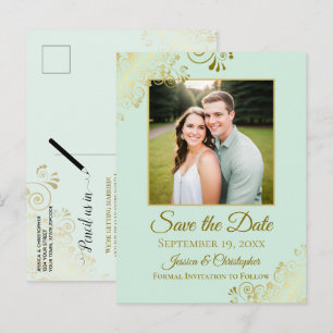 Cartão Postal De Anúncio Salvar a Data de Casamento em Tom de Verde Menta c