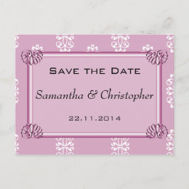 Cartão Postal De Anúncio Salvar a Data de Casamento Rosa Pink Damask