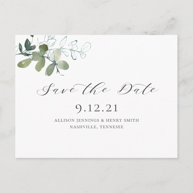 Cartão Postal De Anúncio Salvar a data do casamento com folhagem de Eucalip (Frente)