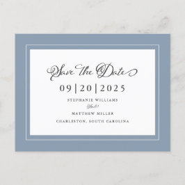 Cartão Postal De Anúncio Salvar a data | Dusty Blue Wedding Elegant Script