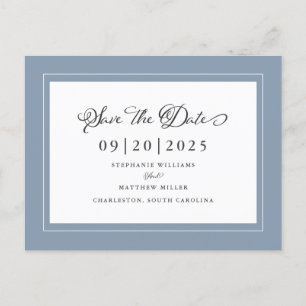 Cartão Postal De Anúncio Salvar a data   Dusty Blue Wedding Elegant Script