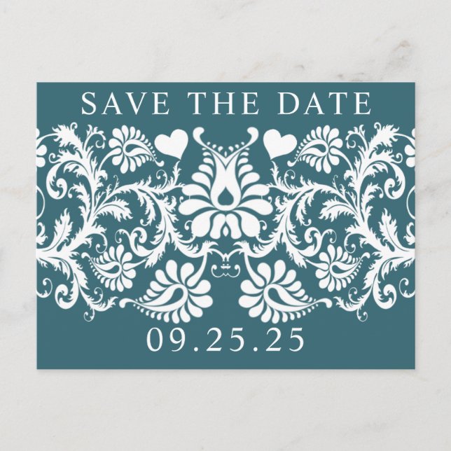 Cartão Postal De Anúncio Salvar a Data em Damasco Verde Esmeralda (Frente)
