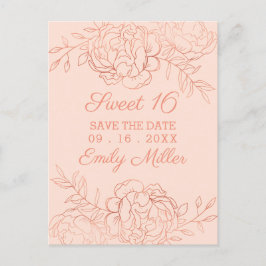 Cartão Postal De Anúncio Salvar a data floral de arte fina em rosa e dourad