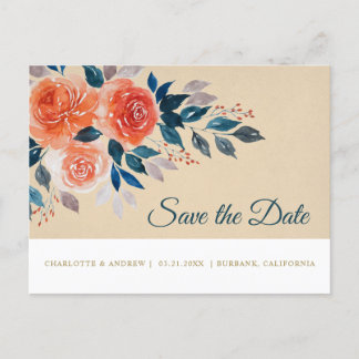 Cartão Postal De Anúncio Salvar a Data Floral em Aquarela Laranja e Creme