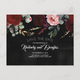 Cartão Postal De Anúncio Salvar a data floral vermelho e preto Burgundy
