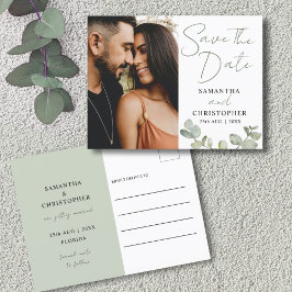 Cartão Postal De Anúncio Salvar a Data Green Watercolor Eucalipto Casamento