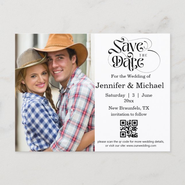 Cartão Postal De Anúncio salvar a data qr code foto simples casamento (Frente)