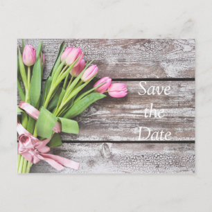 Cartão Postal De Anúncio Salvar a data — Tulipas e Madeira cor-de-rosa