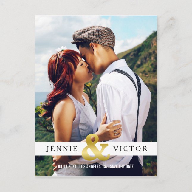 Cartão Postal De Anúncio Salvar data de foto com Ampersand Dourado (Frente)