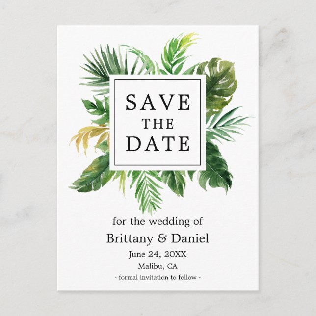 Cartão Postal De Anúncio Salvar Data Floral Verde Água Moderna (Frente)