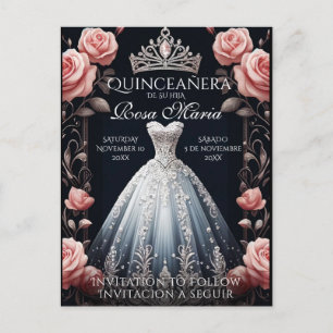 Cartão Postal De Anúncio Salvar Data/ Reserva Spanish Quinceañera Rosas
