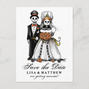 Cartão Postal De Anúncio Salvar Data Skeletons de Halloween Laranja PostCar