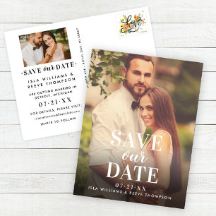 Cartão Postal De Anúncio Salvar nossa Foto de Casamento Branco do Tipo de E