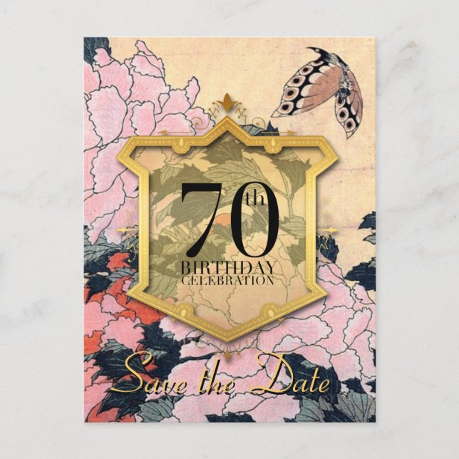 Cartão Postal De Anúncio Salve a data 70 Birthday Butterfly & Peonies - (Frente)