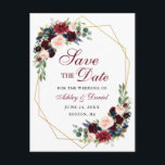 Cartão Postal De Anúncio Salve a Data Borgonha Azul Frame Floral Dourado<br><div class="desc">Moderno Elegante,  Watercolor Burgundy Marsala Blue Floral,  Frame Geométrico Dourado,  Salvar O Cartão Postal Noivado</div>