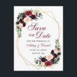 Cartão Postal De Anúncio Salve a Data Borgonha Azul Frame Floral Dourado<br><div class="desc">Moderno Elegante,  Watercolor Burgundy Marsala Blue Floral,  Frame Geométrico Dourado,  Salvar O Cartão Postal Noivado</div>