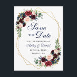 Cartão Postal De Anúncio Salve a data Borgonha Floral Azul Quadro Dourado<br><div class="desc">Moderno Elegante,  Watercolor Burgundy Marsala Blue Floral,  Frame Geométrico Dourado,  Salvar O Cartão Postal Noivado</div>