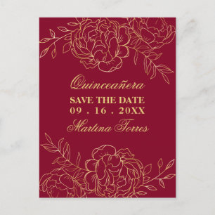 Cartão Postal De Anúncio Salve a Data Burgundy e Gold Fine Art Floral