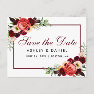 Cartão Postal De Anúncio Salve a Data Burgundy Floral Boho