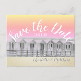 Cartão Postal De Anúncio Salve a data cabana de praia ao pôr do sol cartão-