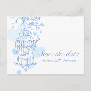 Cartão Postal De Anúncio Salve a data cartão gaiola de pássaro azul e branc
