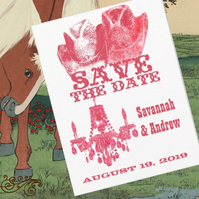 Cartão Postal De Anúncio Salve a Data Chandelier de Chapéu de Cowboy Rosa W (Criador carregado)