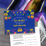Cartão Postal De Anúncio Salve a data colorida mexicana Fiesta Royal Blue<br><div class="desc">Salve o Cartão-postal de data que você pode personalizar para se adequar a qualquer ocasião. A design floral de fiesta mexicana tem uma abundância de flores coloridas na frente com tipografia escovada manuscrita em amarelo, sobre um fundo azul real. O modelo está configurado para você personalizar o cartão postal com...</div>