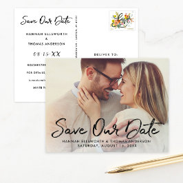 Cartão Postal De Anúncio Salve a Data com Foto em Script de Pincel Moderno