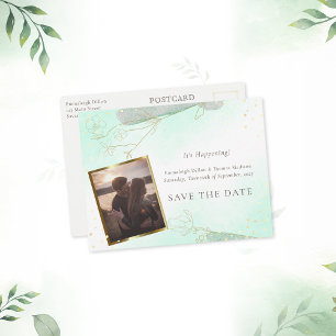 Cartão Postal De Anúncio Salve a Data com Glitter Botânico Verde-Menta Radi