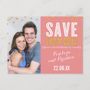 Cartão Postal De Anúncio SALVE A DATA confetes dourados trendy coral