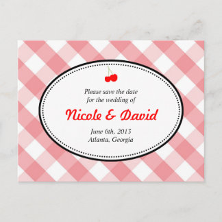 Cartão Postal De Anúncio Salve a data country rústico gingham rosa cereja