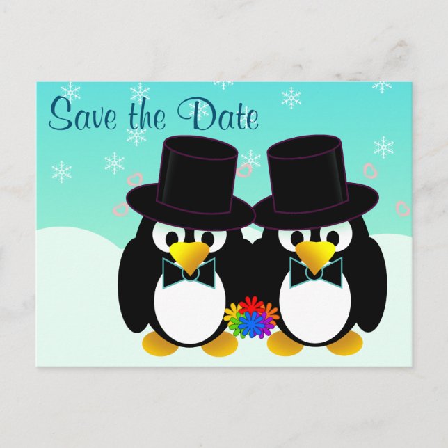 Cartão Postal De Anúncio Salve a data de casamento dos pinguins (Frente)