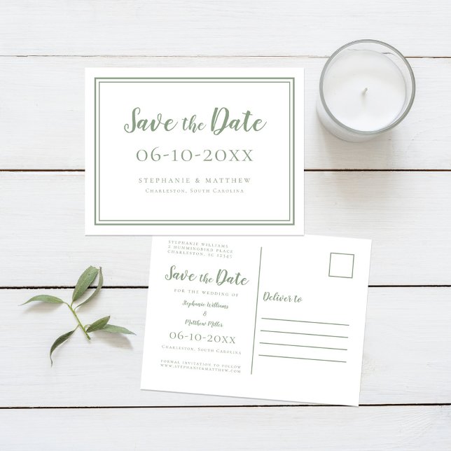 Cartão Postal De Anúncio Salve A Data De Casamento Verde E Branco Simples M (Save The Date Wedding Green & White Simple Modern Announcement Postcard)