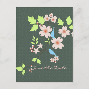 Cartão Postal De Anúncio Salve a data de dois pássaros azuis no galho da ma