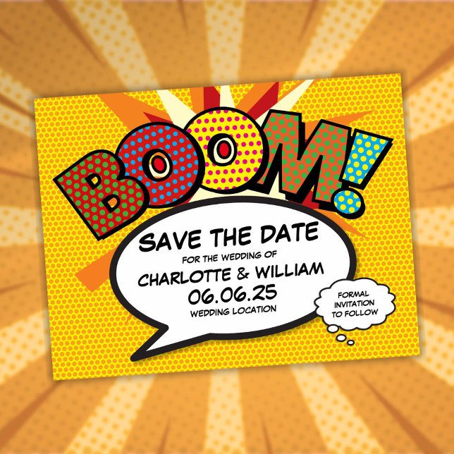 Cartão Postal De Anúncio Salve a Data Diversão Moderna Quadrinho Explosão (Save the Date Modern Fun Comic Book Boom Announcement Postcard)