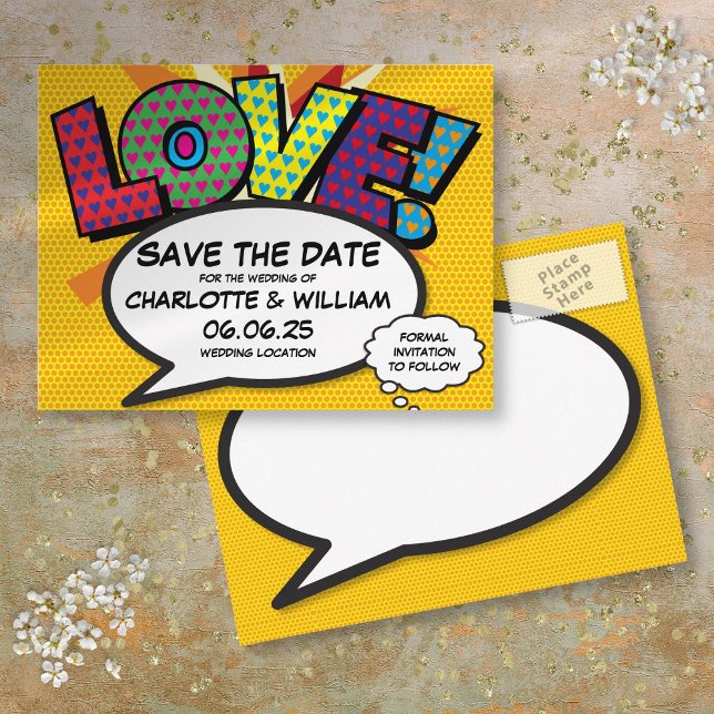 Cartão Postal De Anúncio Salve a data do amor dos quadrinhos modernos (Save the Date Modern Fun Comic Book Love Announcement Postcard)