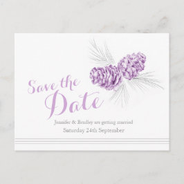 Cartão Postal De Anúncio Salve a data do casamento roxo com pinhas de inver