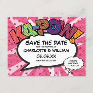 Cartão Postal De Anúncio Salve a Data do Comic Book KAPOW Rosa Moderno Dive