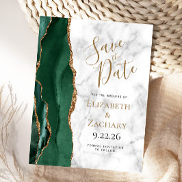 Cartão Postal De Anúncio Salve a Data em Mármore Verde Esmeralda Dourado Ág