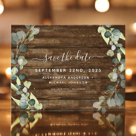 Cartão Postal De Anúncio Salve a data Eucalyptus Greenery Wood Rustic