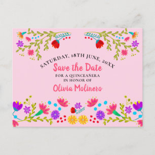 Cartão Postal De Anúncio Salve a Data  Floral Festa Mexicana Rosa